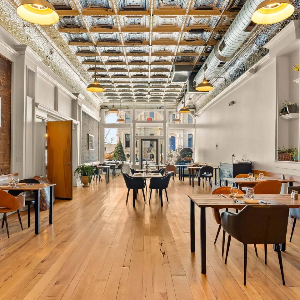 Full view of The Vic dining room and tin ceiling