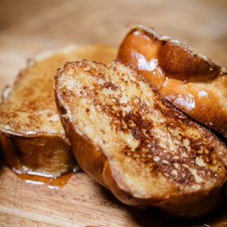 Challah French toast on a wooden board